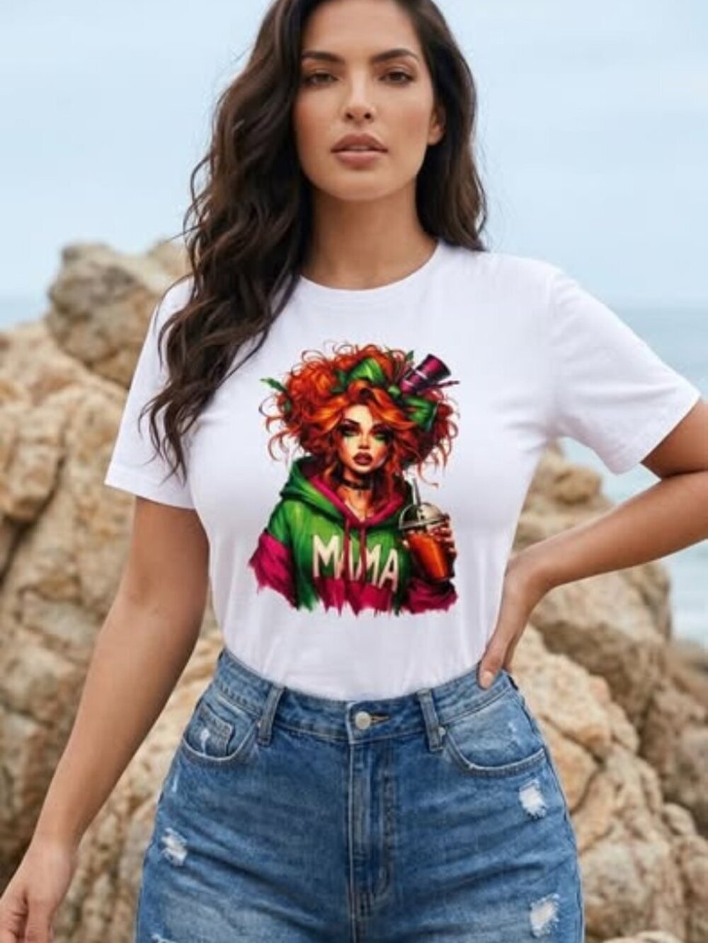 Red Mama Graphic T-Shirt Colorful Red Hair Drink Handmade White Size L